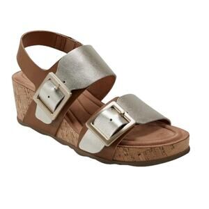 Earth Womens NEW Size 7.5 Willa Strappy Casual Mid Cork Wedge Sandals Gold NIB